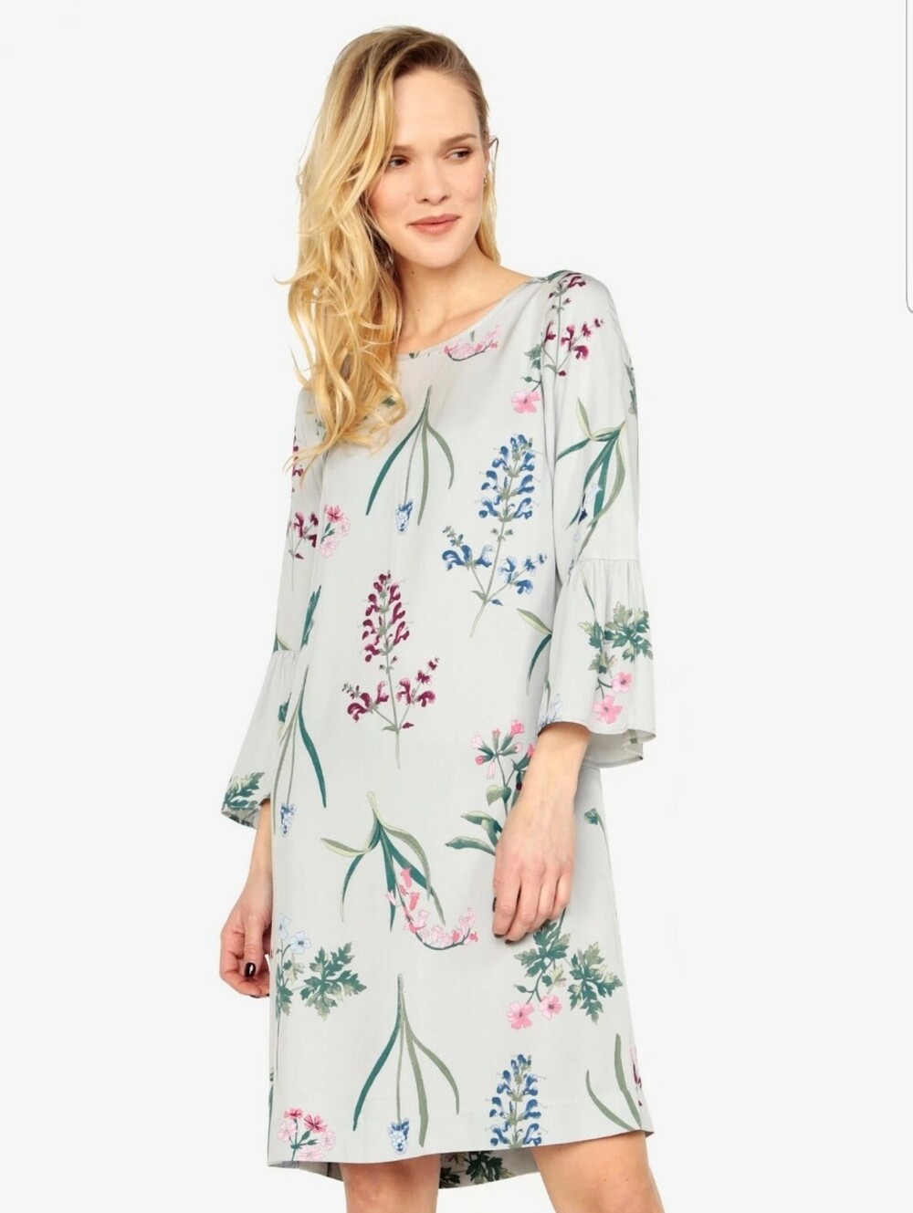 Joules Light Gray Floral Gardenia Bell Sleeve Viscose Dress 8